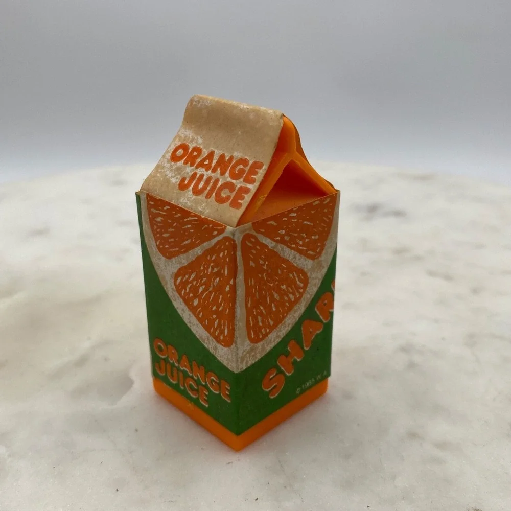 Vintage Orange Juice Carton PENCIL SHARPENER &‎ MILK ERASER 1985 Taiwan Novelty